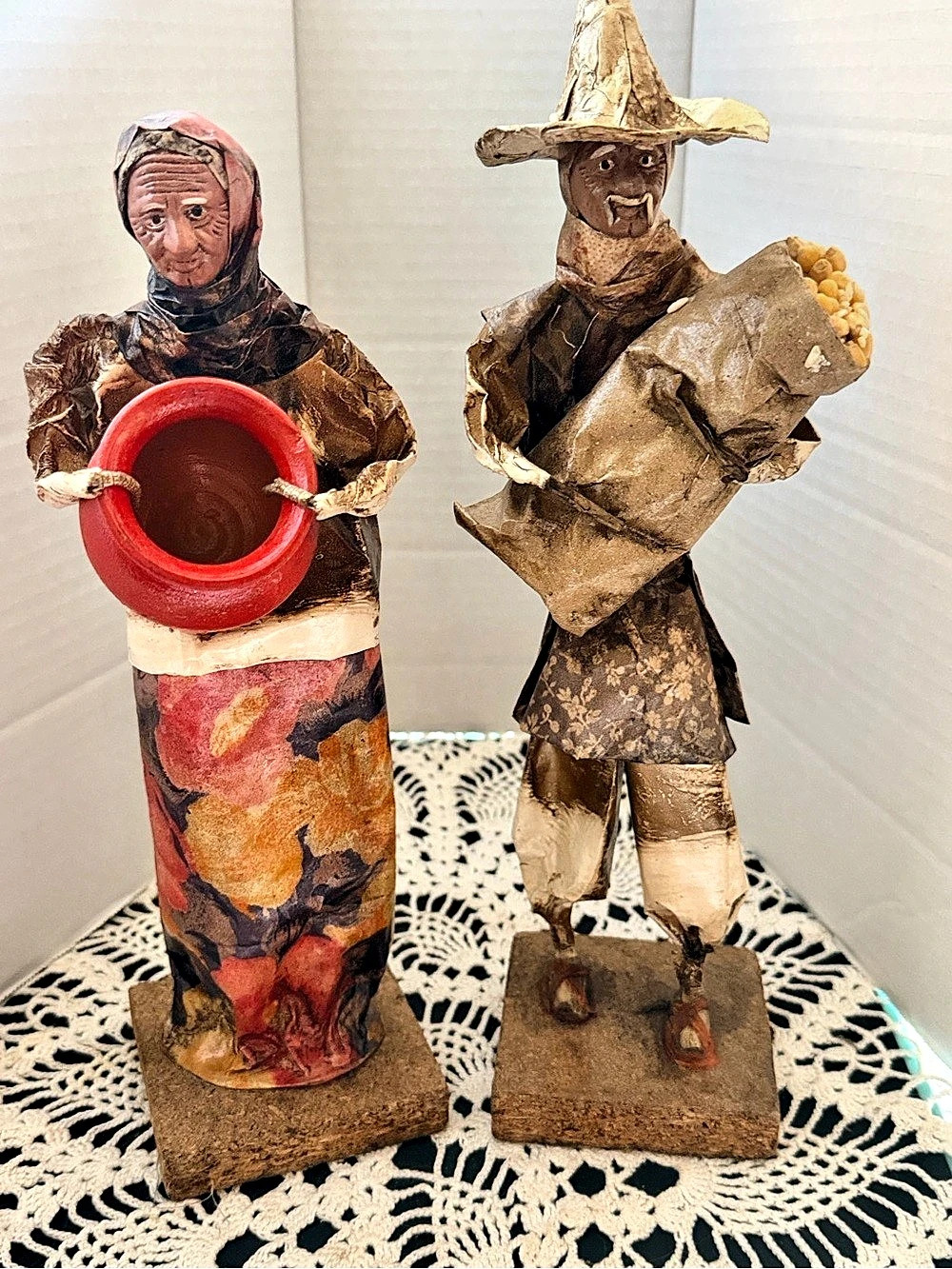 Handmade Folk Art Sculptures Brown & Red